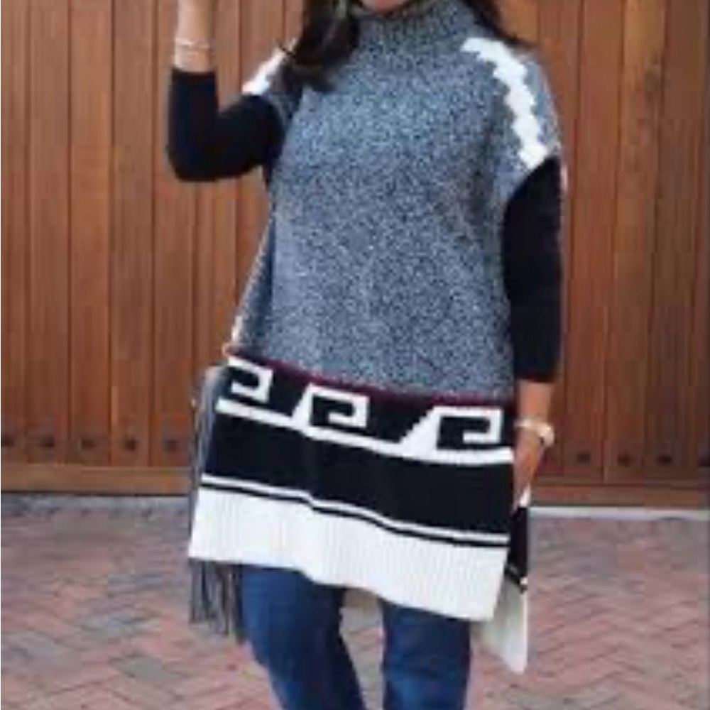 LOFT Southwestern Aztec Sleeveless Turtleneck Tunic Sweater Black White L/XL